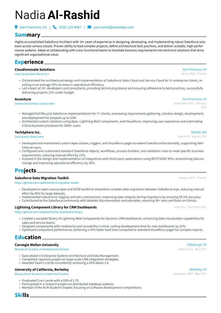 Salesforce Architect Resume Example CV template preview