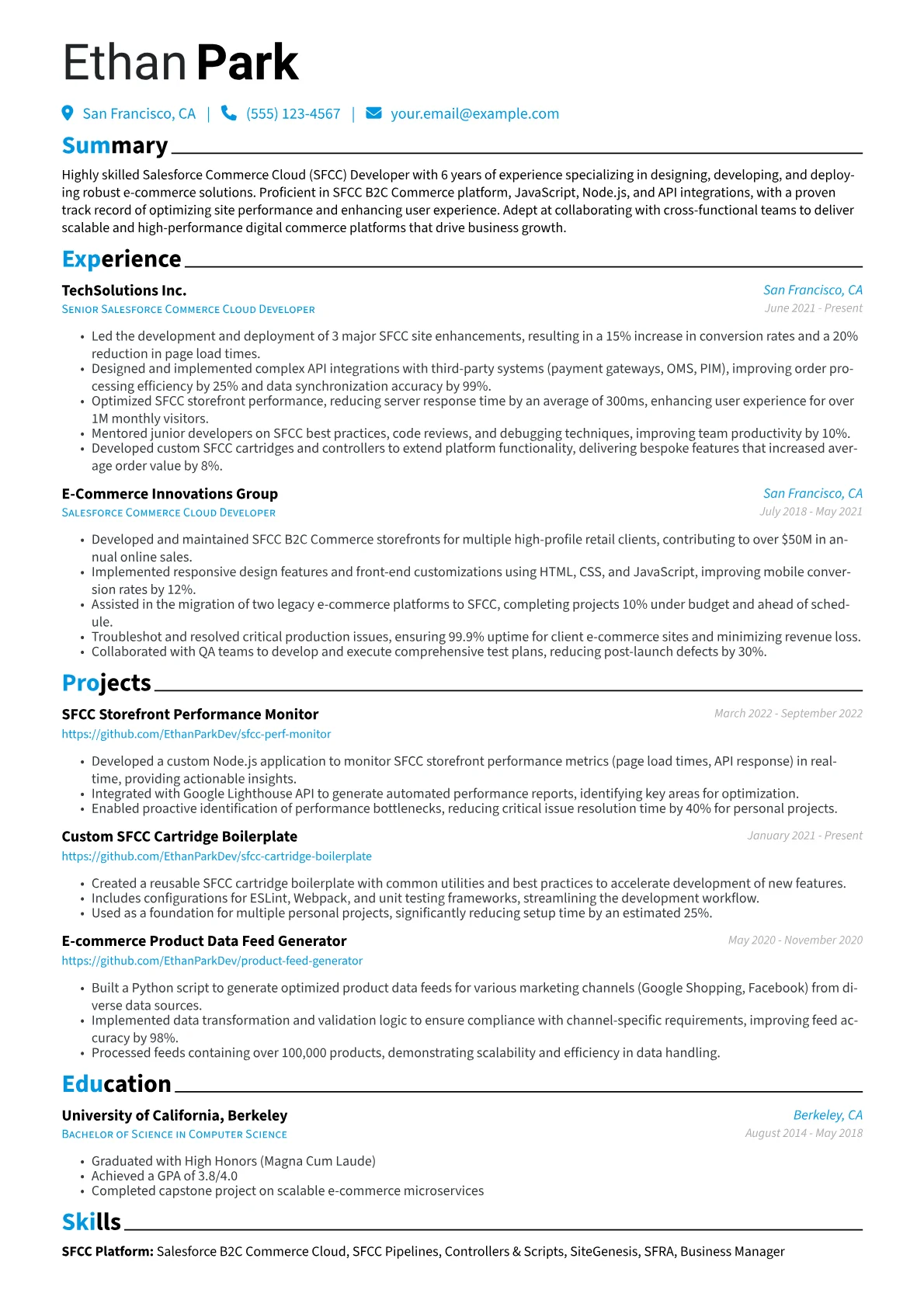 Salesforce Commerce Cloud Developer Resume Example CV template - Page 1