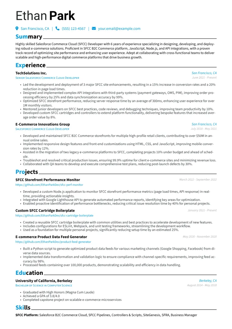 Salesforce Commerce Cloud Developer Resume Example CV template preview