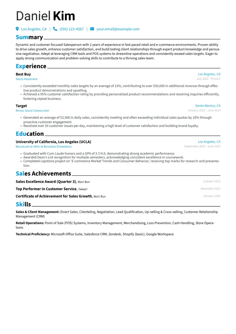 Salesperson Resume Example CV template preview