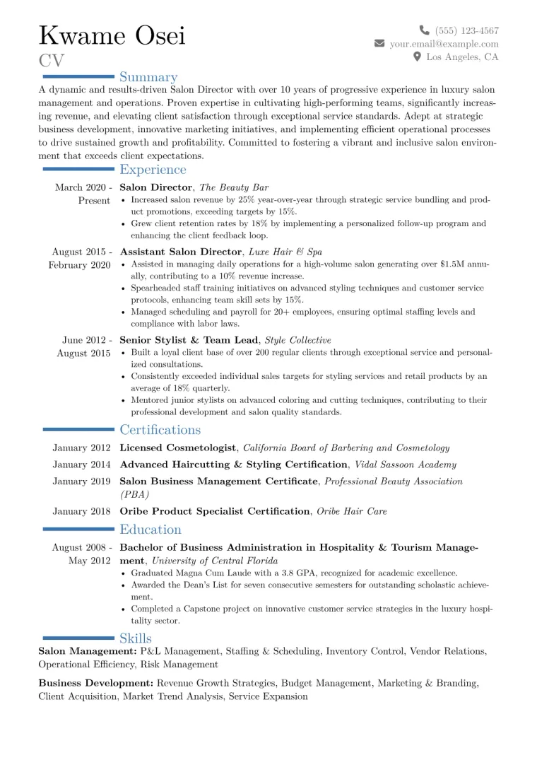 Salon Director Resume Example CV template preview