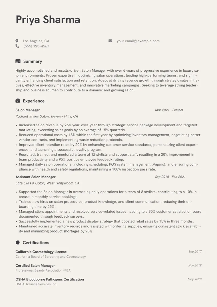 Salon Manager Resume Example CV template preview