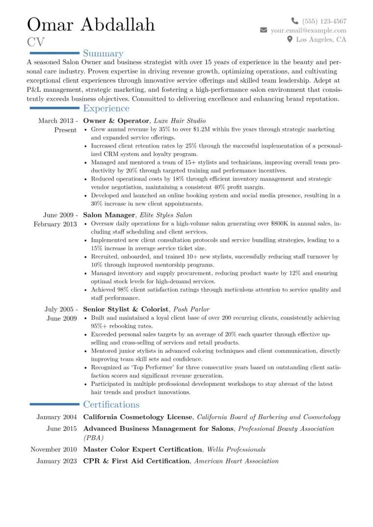Salon Owner Resume Example CV template preview