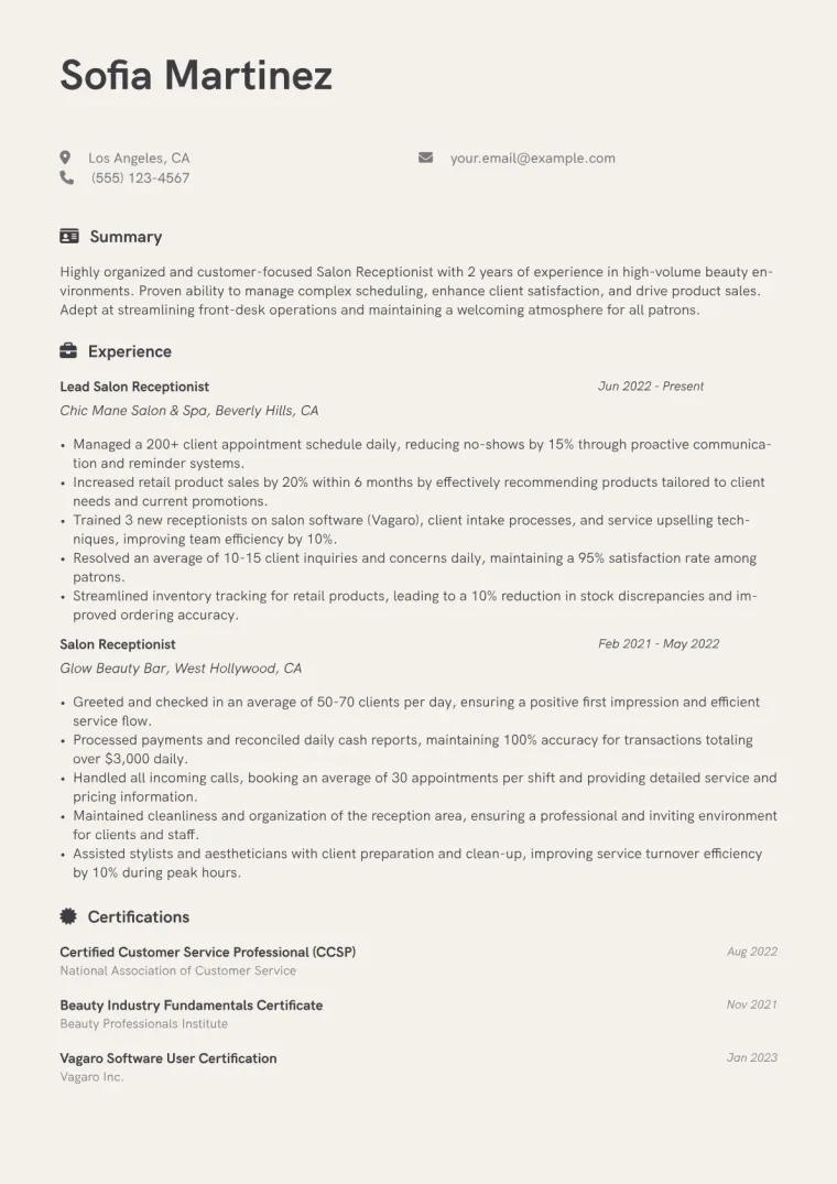 Salon Receptionist Resume Example CV template preview