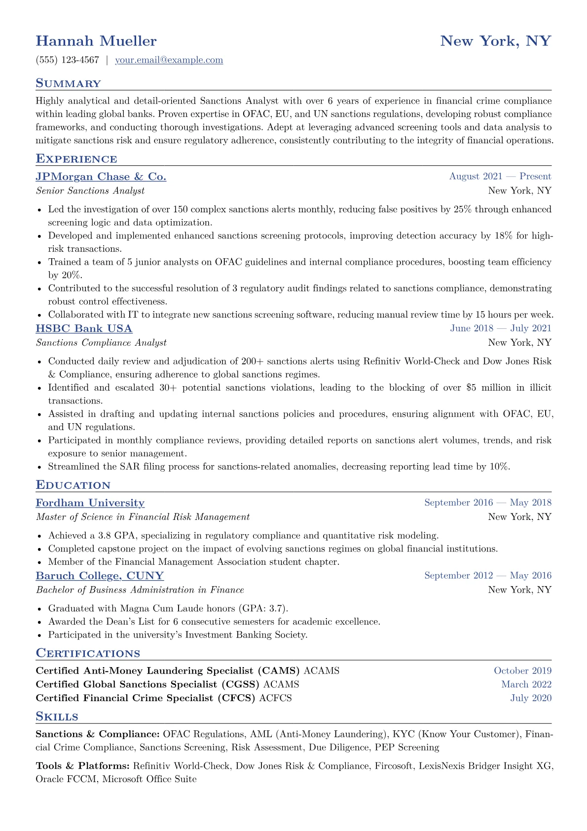 Sanctions Analyst Resume Example CV template - Page 1