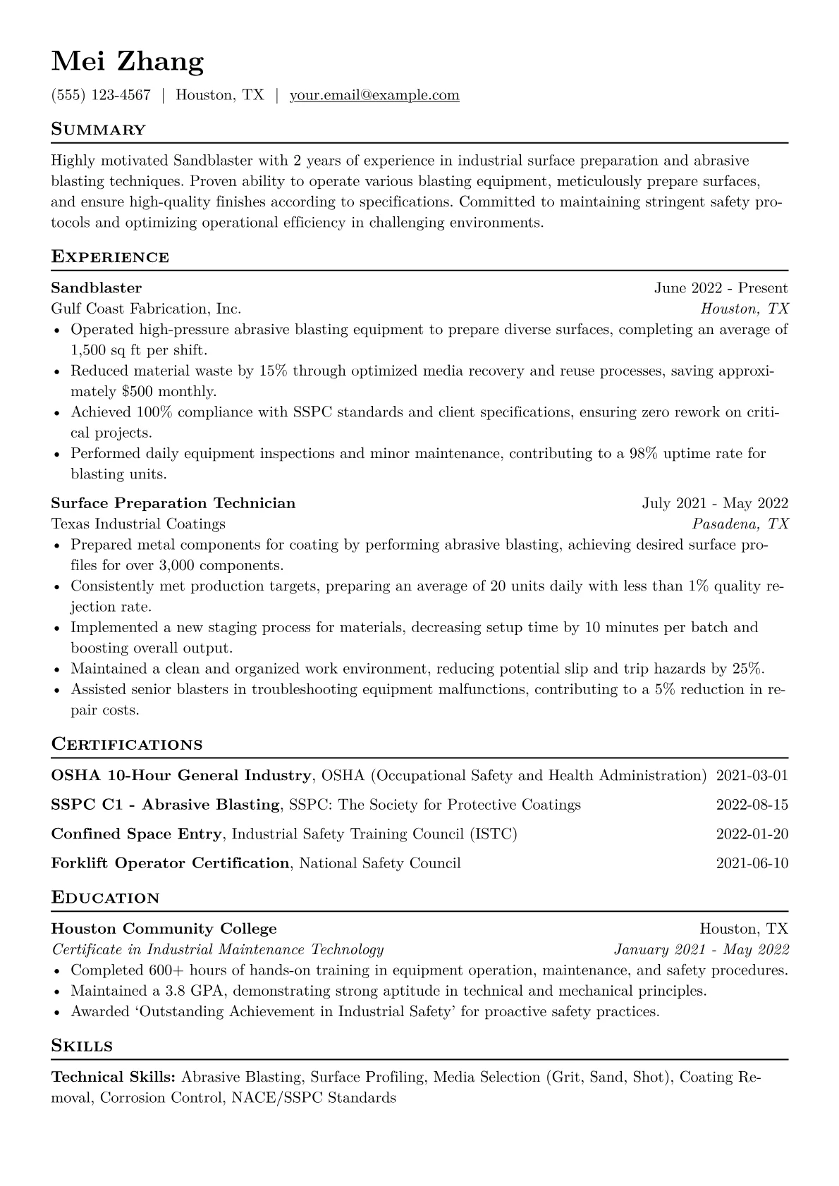 Sandblaster Resume Example CV template - Page 1