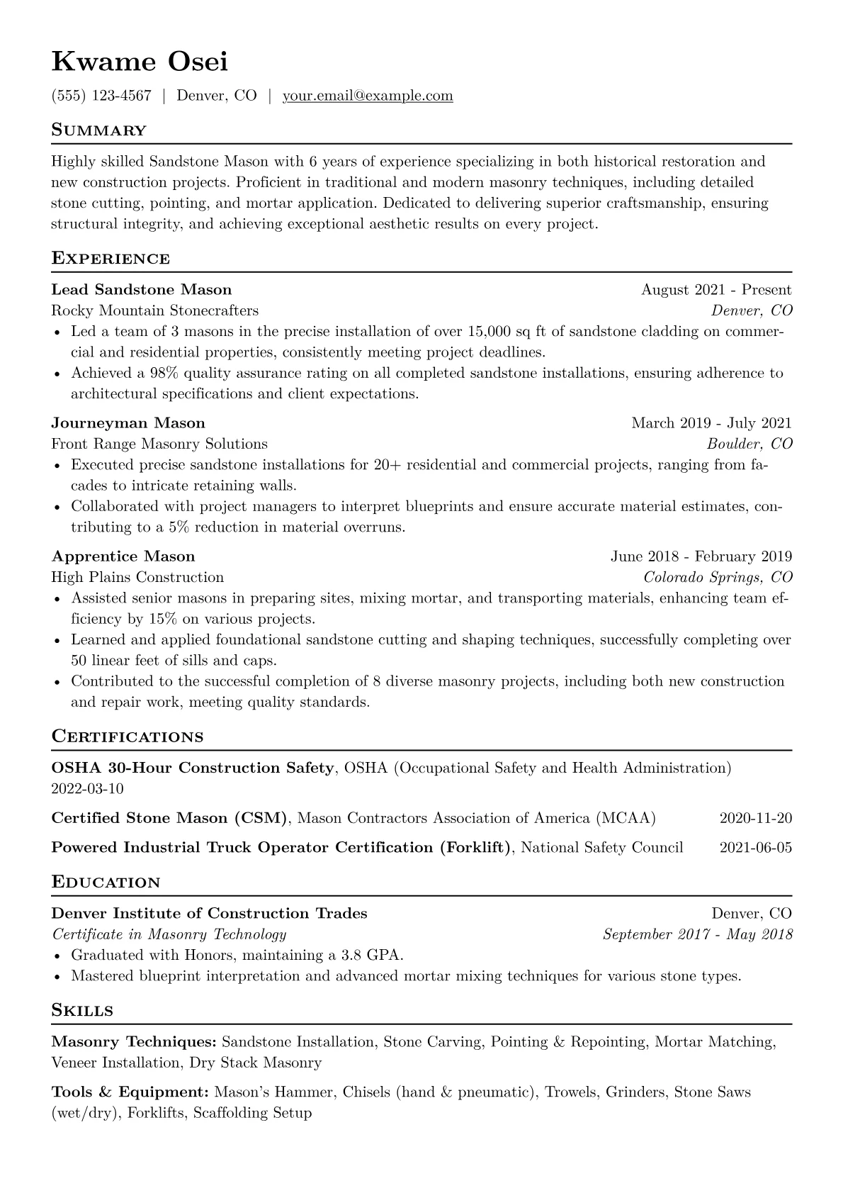 Sandstone Mason Resume Example CV template - Page 1