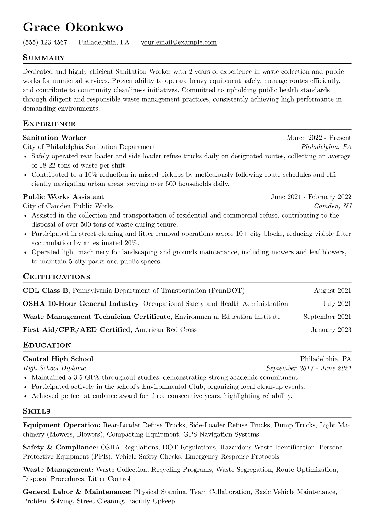 Sanitation Worker Resume Example CV template - Page 1