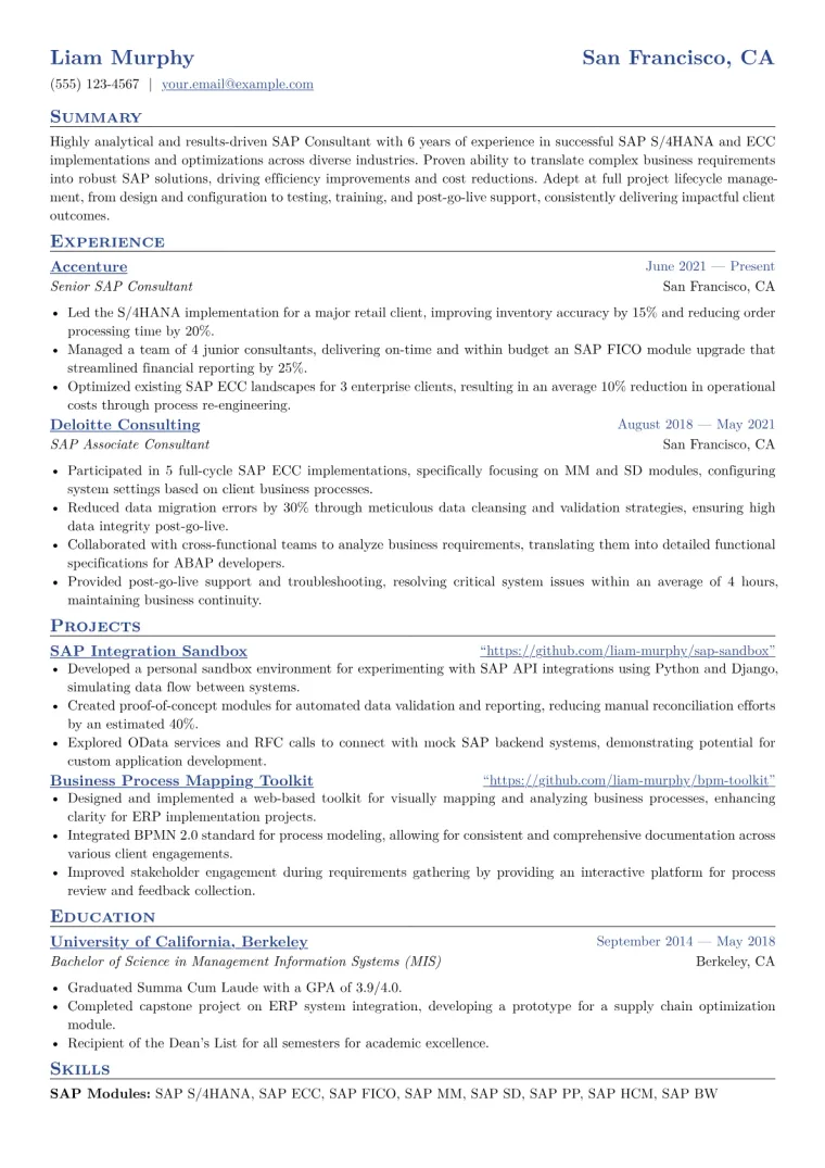 SAP Consultant Resume Example