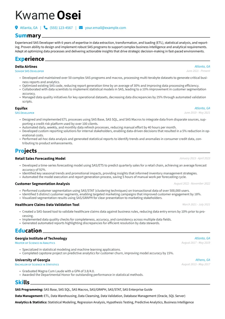 SAS Developer Resume Example CV template preview