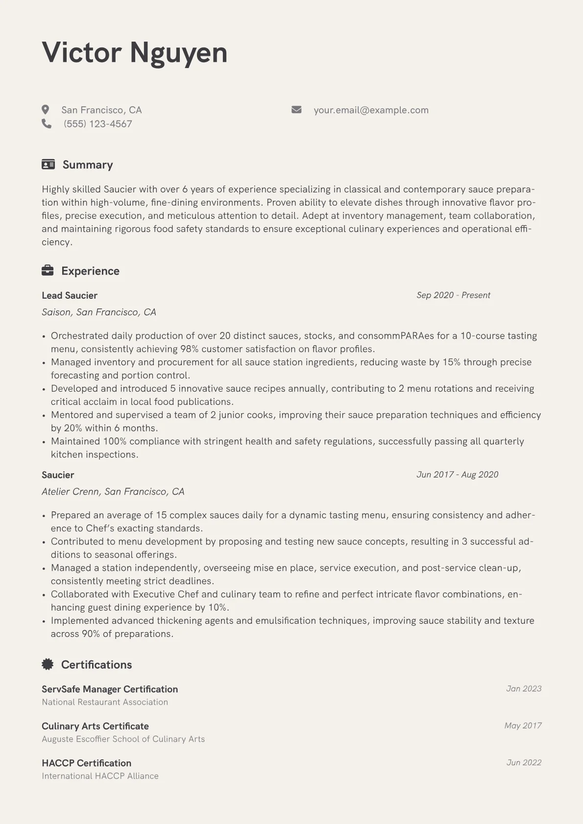 Saucier Resume Example CV template - Page 1