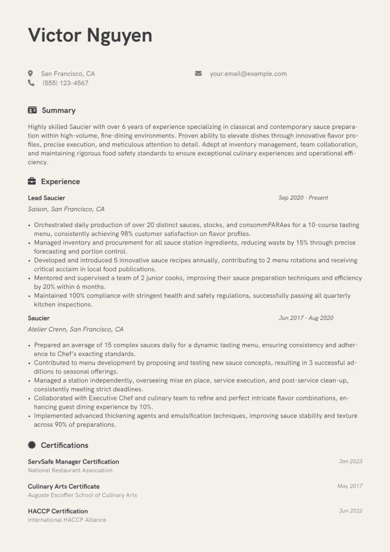 Saucier Resume Example CV template preview