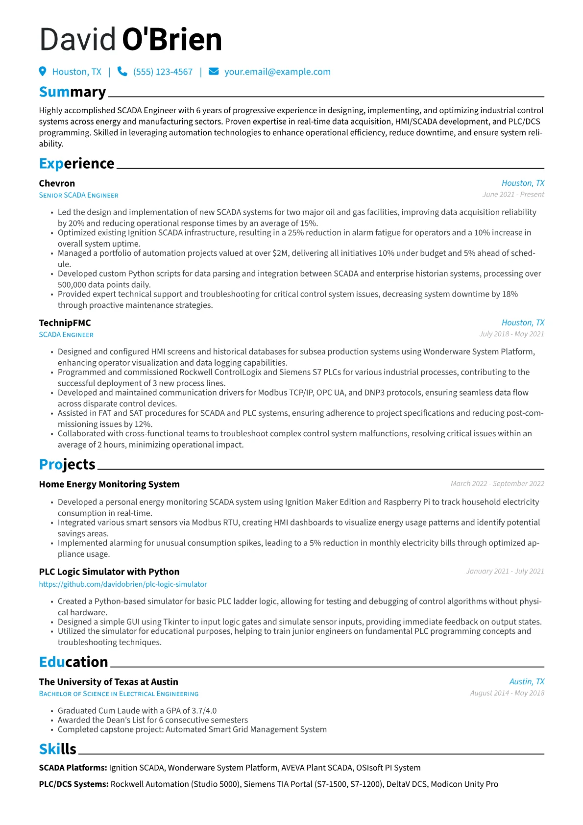 Scada Engineer Resume Example CV template - Page 1