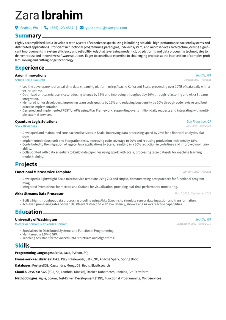 Scala Developer Resume Example CV template preview