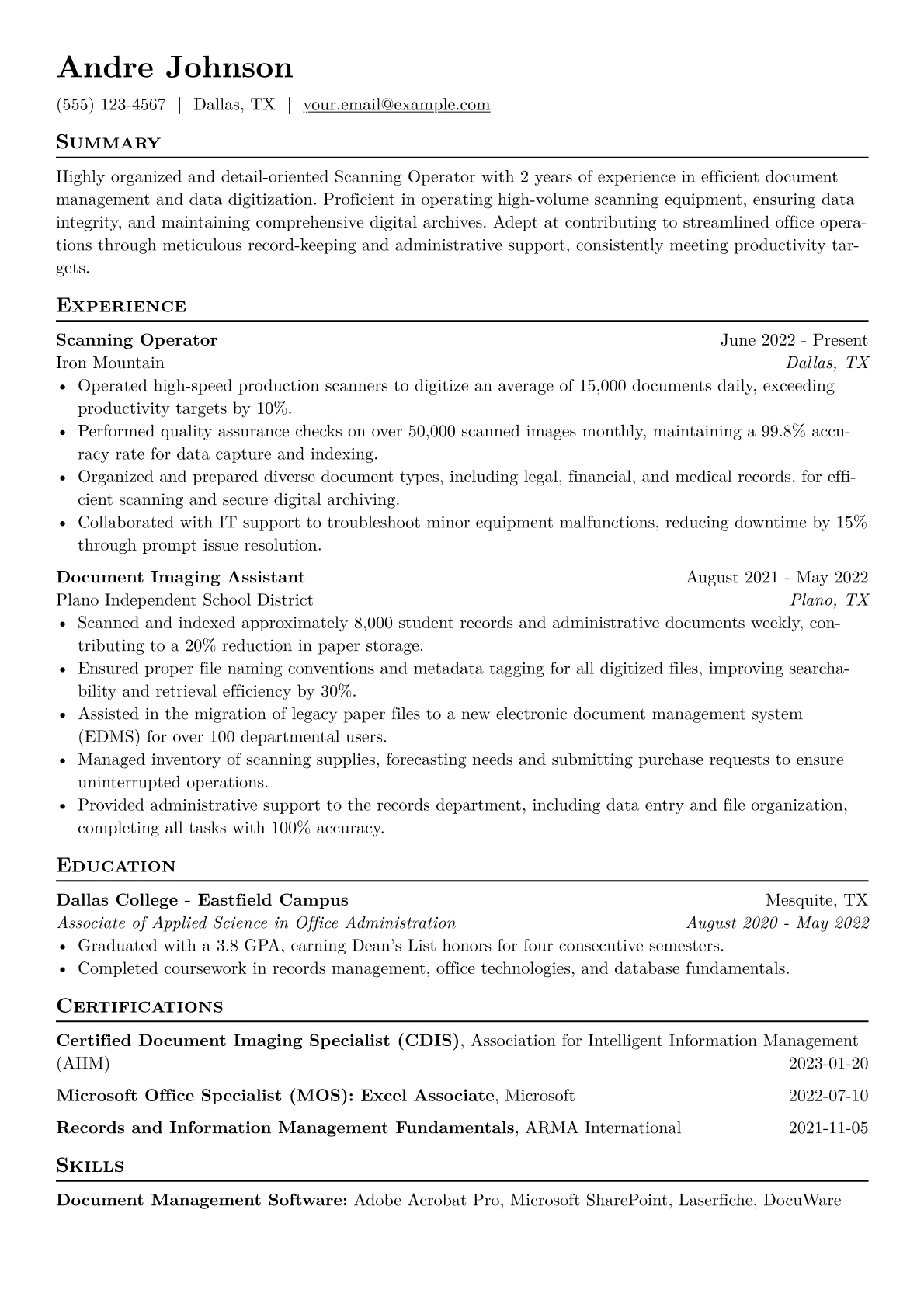 Scanning Operator Resume Example CV template - Page 1