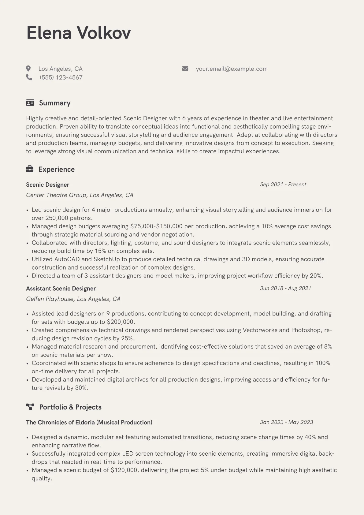 Scenic Designer Resume Example CV template - Page 1