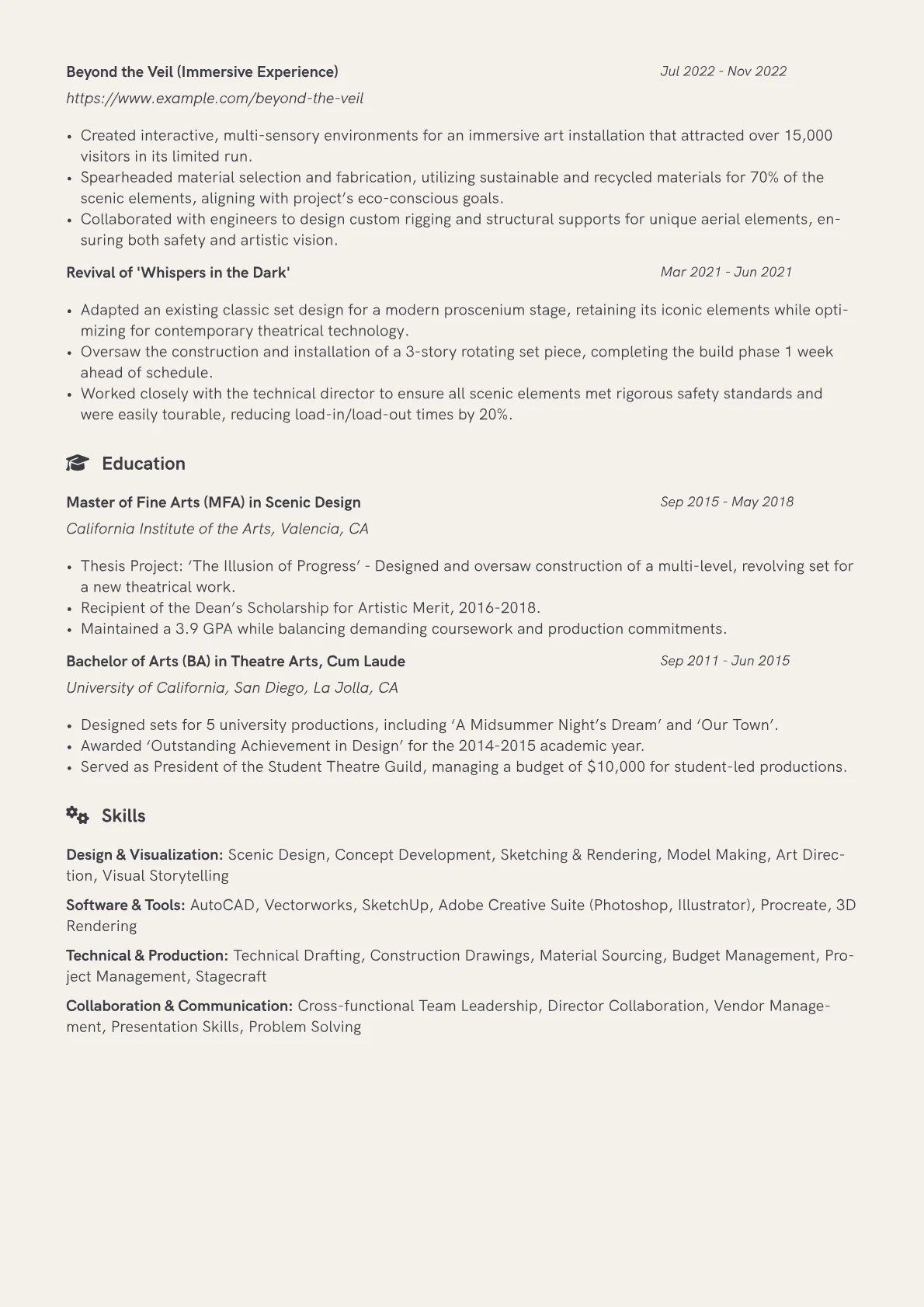 Scenic Designer Resume Example CV template - Page 2