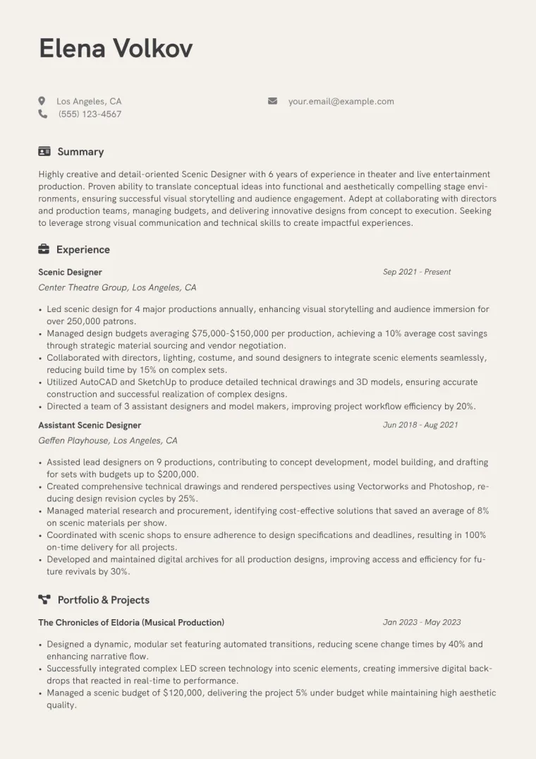 Scenic Designer Resume Example CV template preview