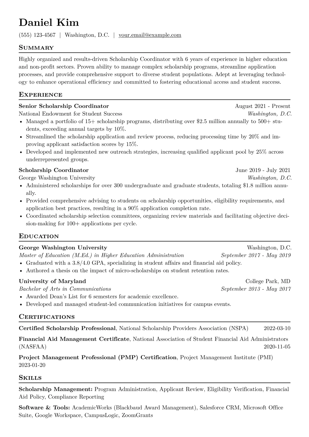 Scholarship Coordinator Resume Example CV template - Page 1