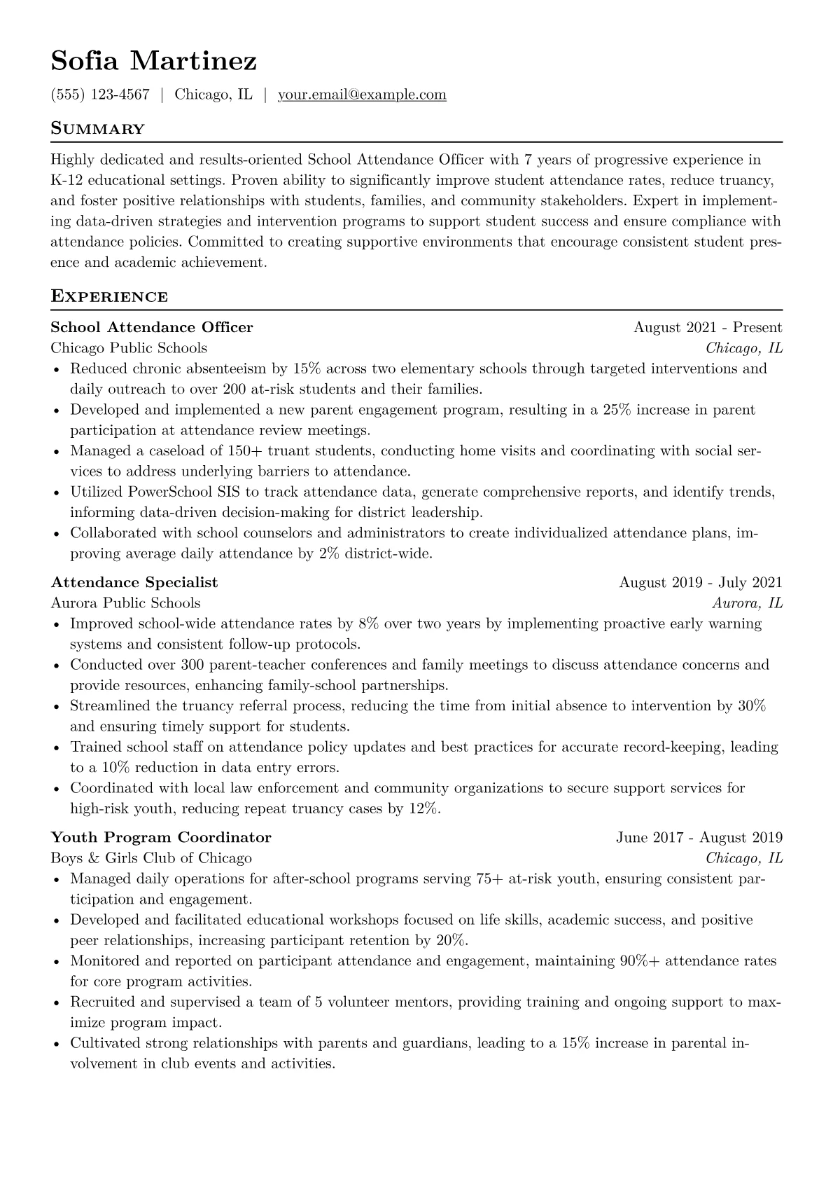 School Attendance Officer Resume Example CV template - Page 1