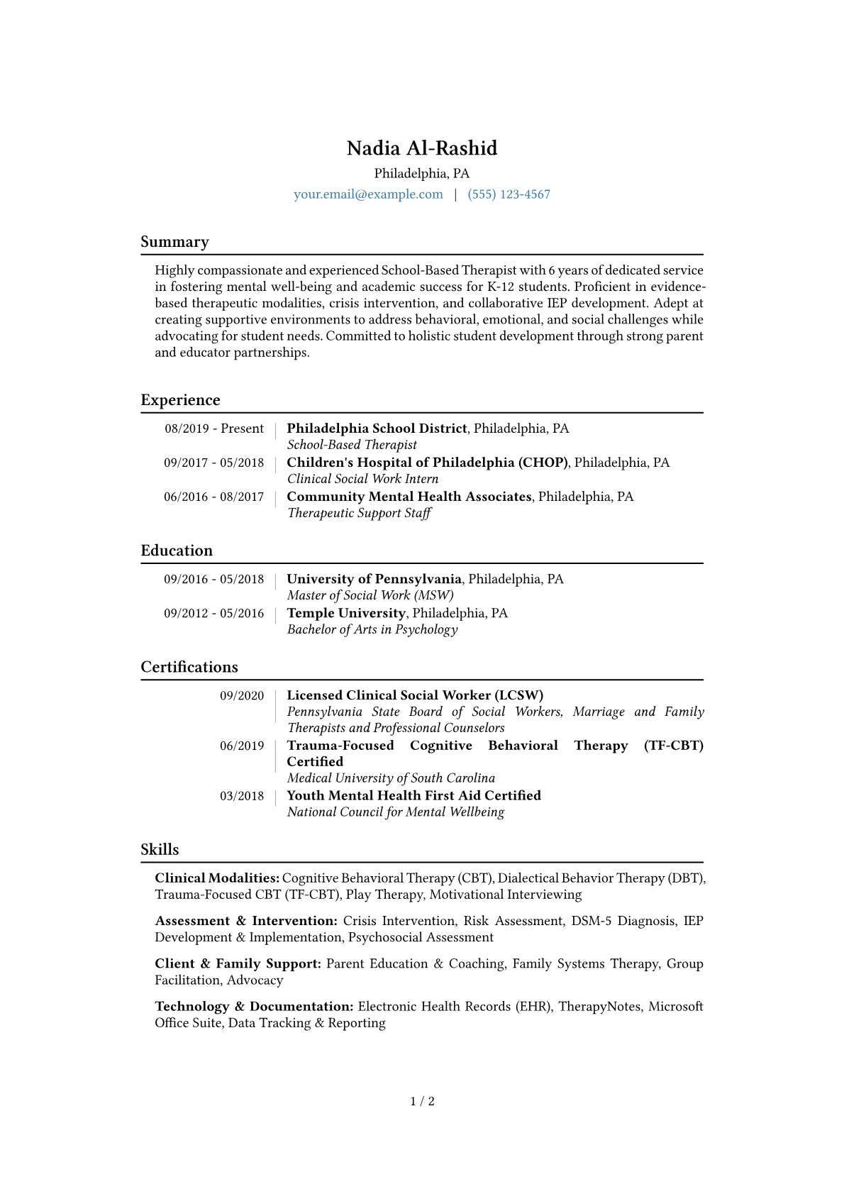 School-Based Therapist Resume Example CV template - Page 1