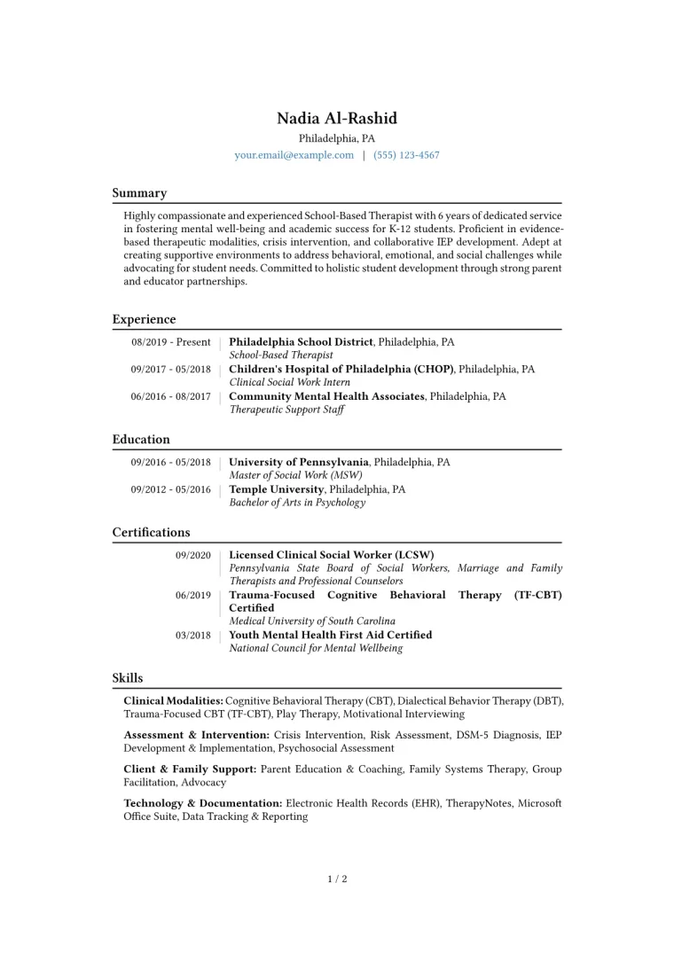 School-Based Therapist Resume Example CV template preview