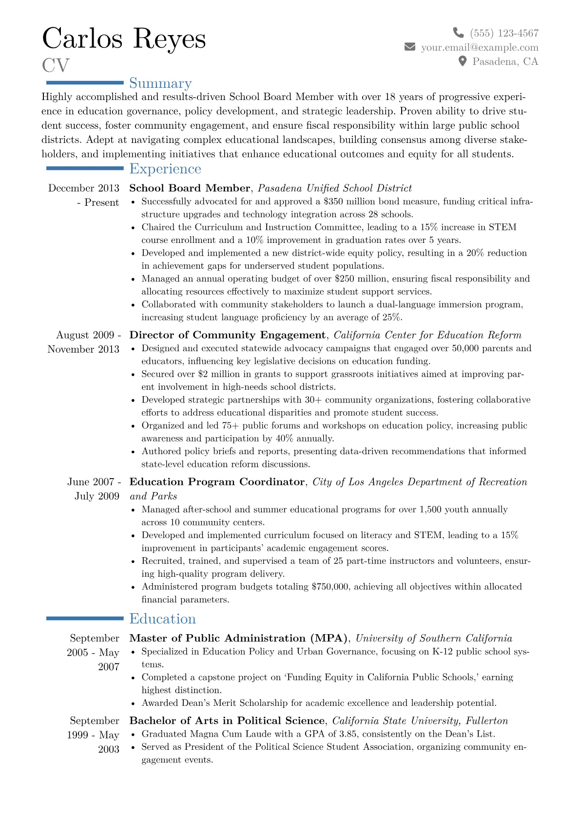 School Board Member Resume Example CV template - Page 1