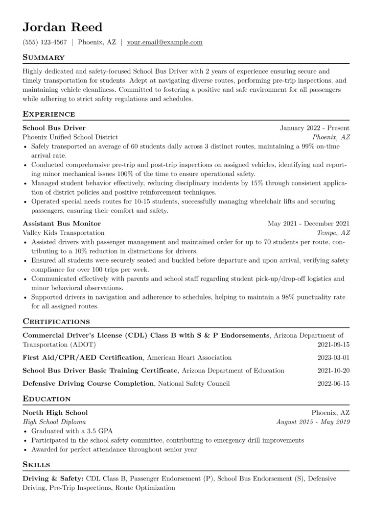 School Bus Driver Resume Example CV template preview