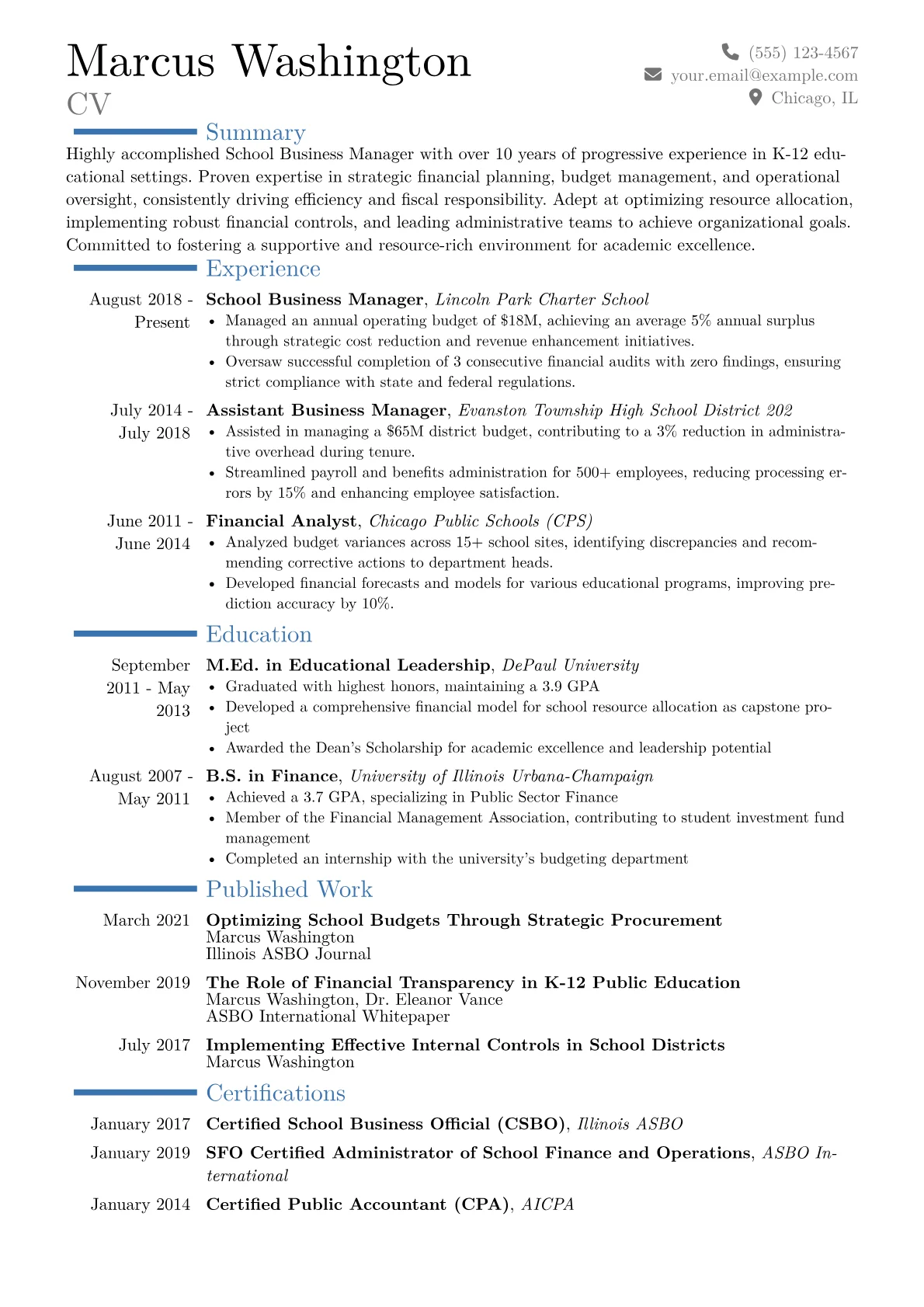 School Business Manager Resume Example CV template - Page 1