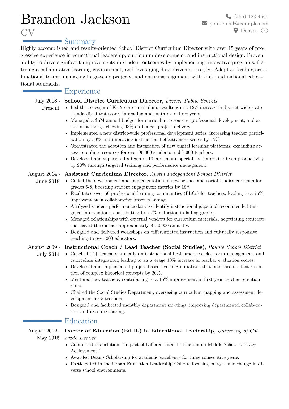 School District Curriculum Director Resume Example CV template - Page 1