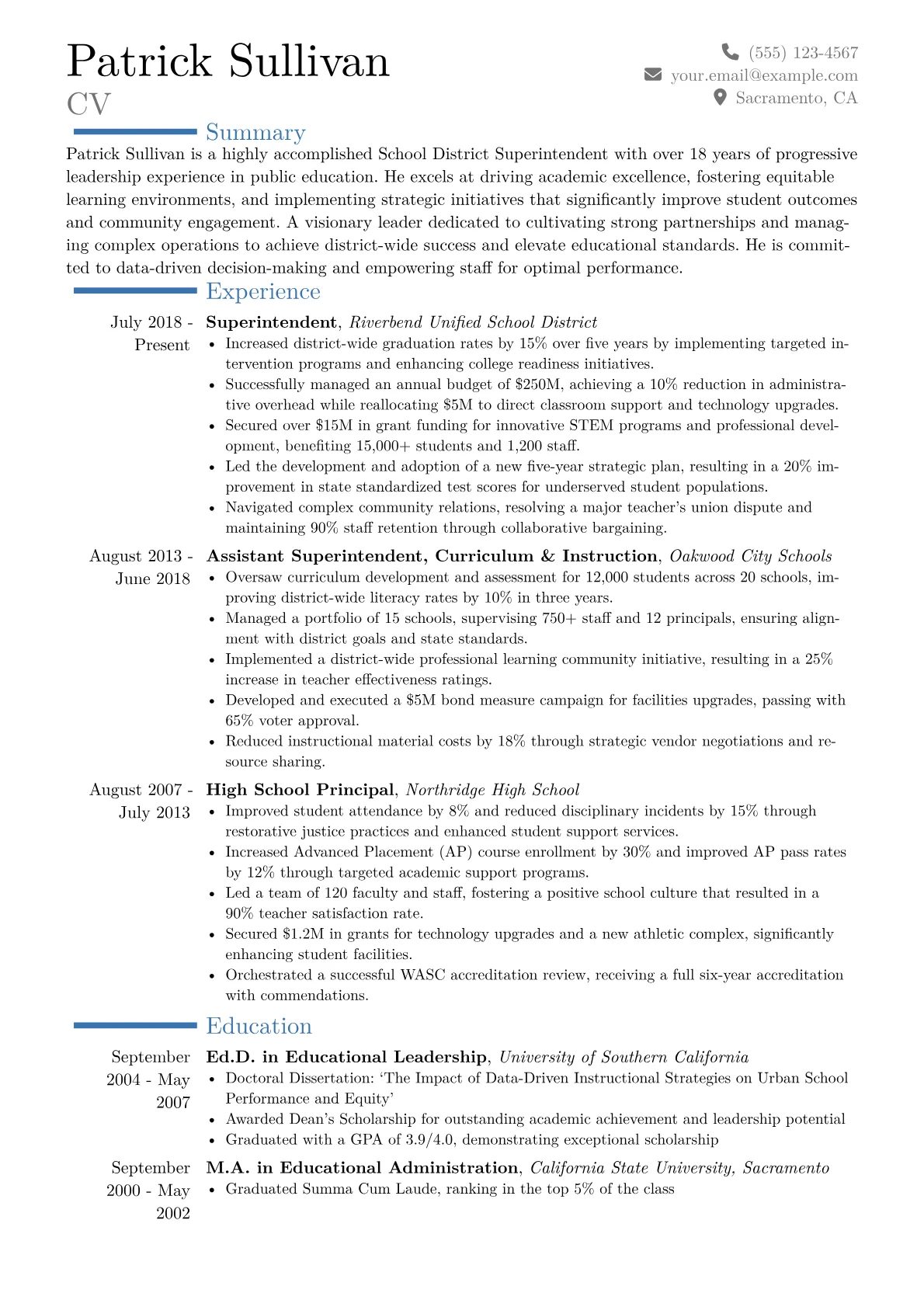 School District Superintendent Resume Example CV template - Page 1