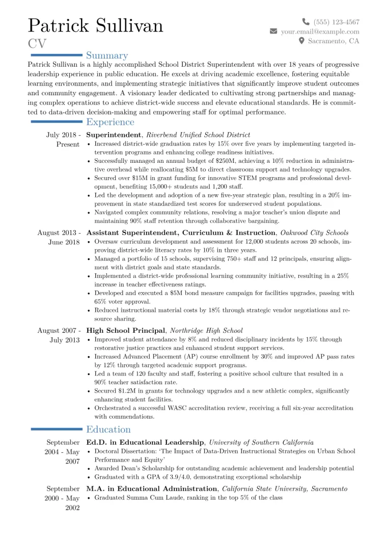 School District Superintendent Resume Example CV template preview