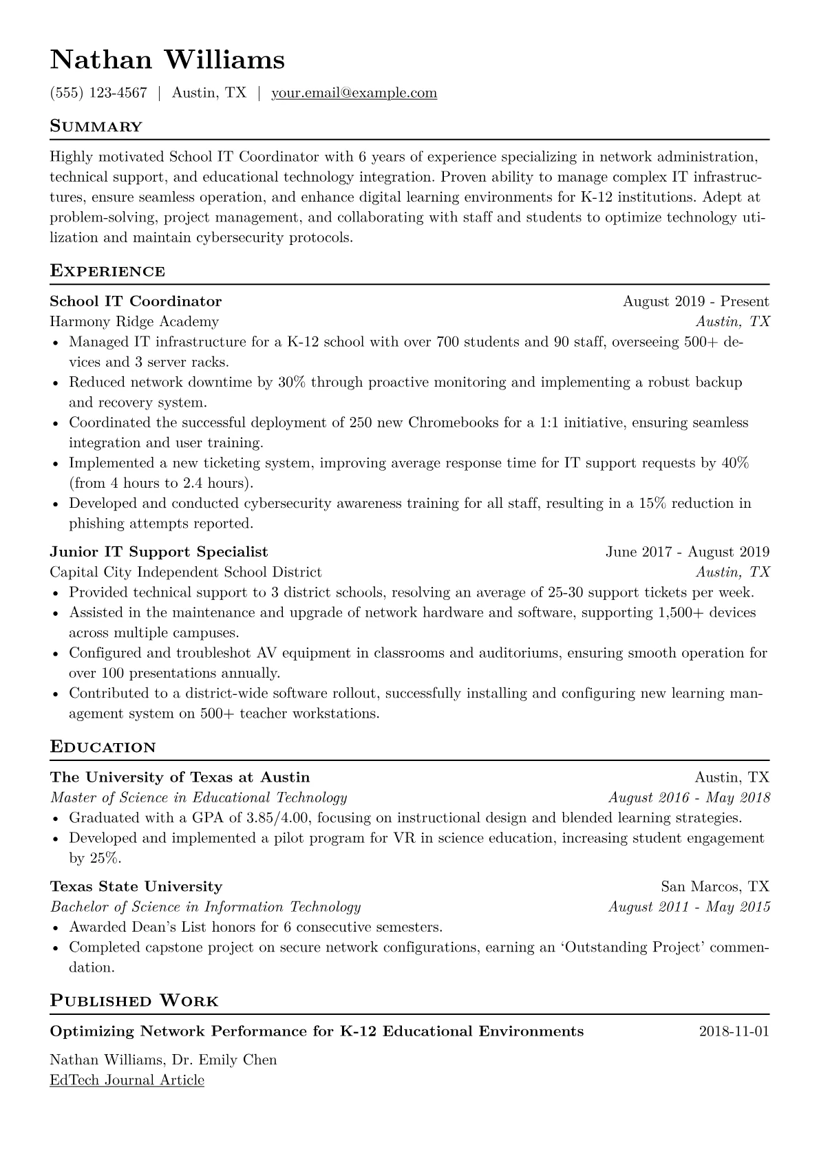 School IT Coordinator Resume Example CV template - Page 1