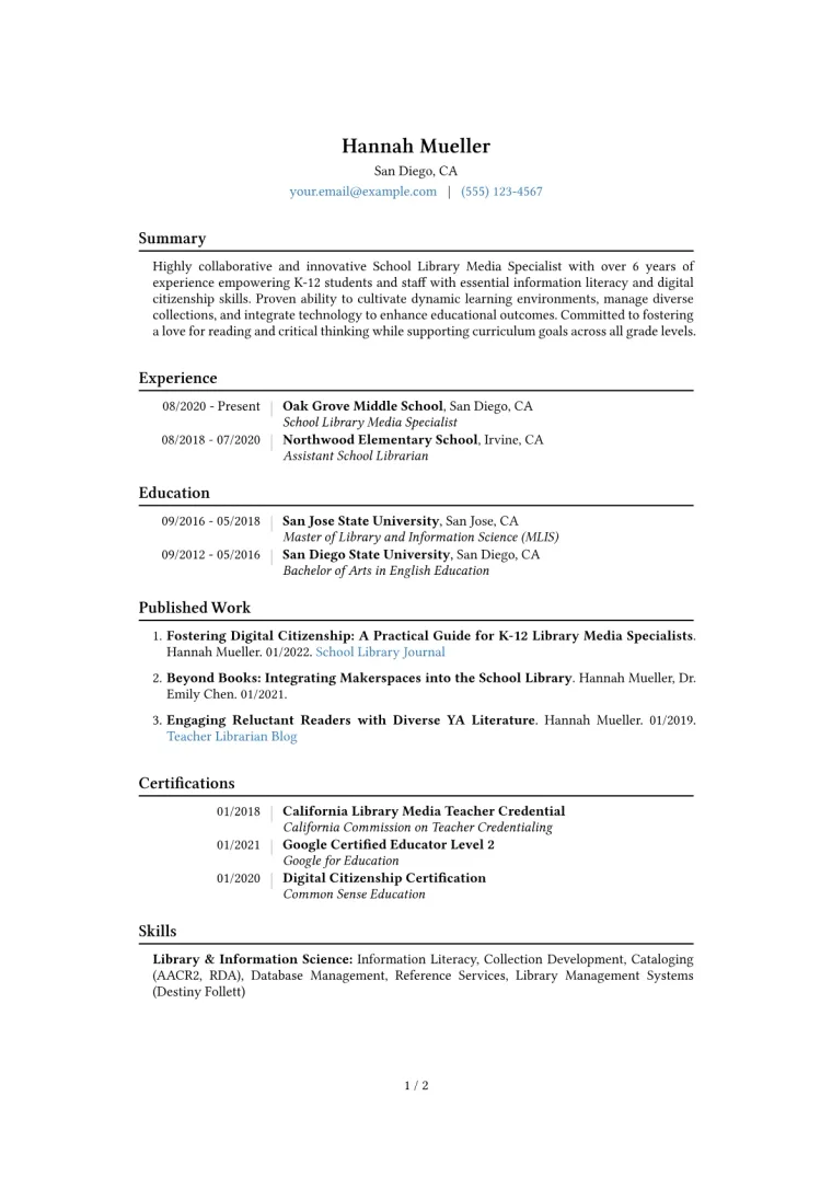 School Library Media Specialist Resume Example CV template preview