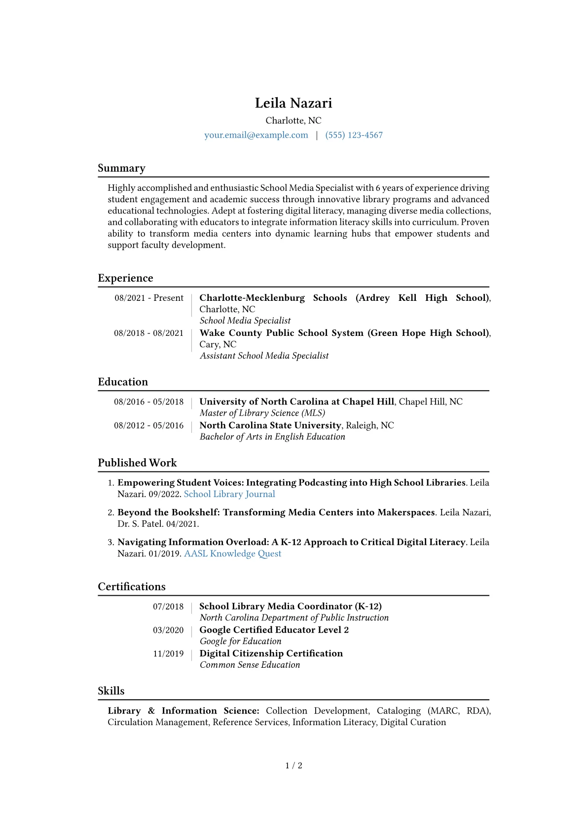 School Media Specialist Resume Example CV template - Page 1