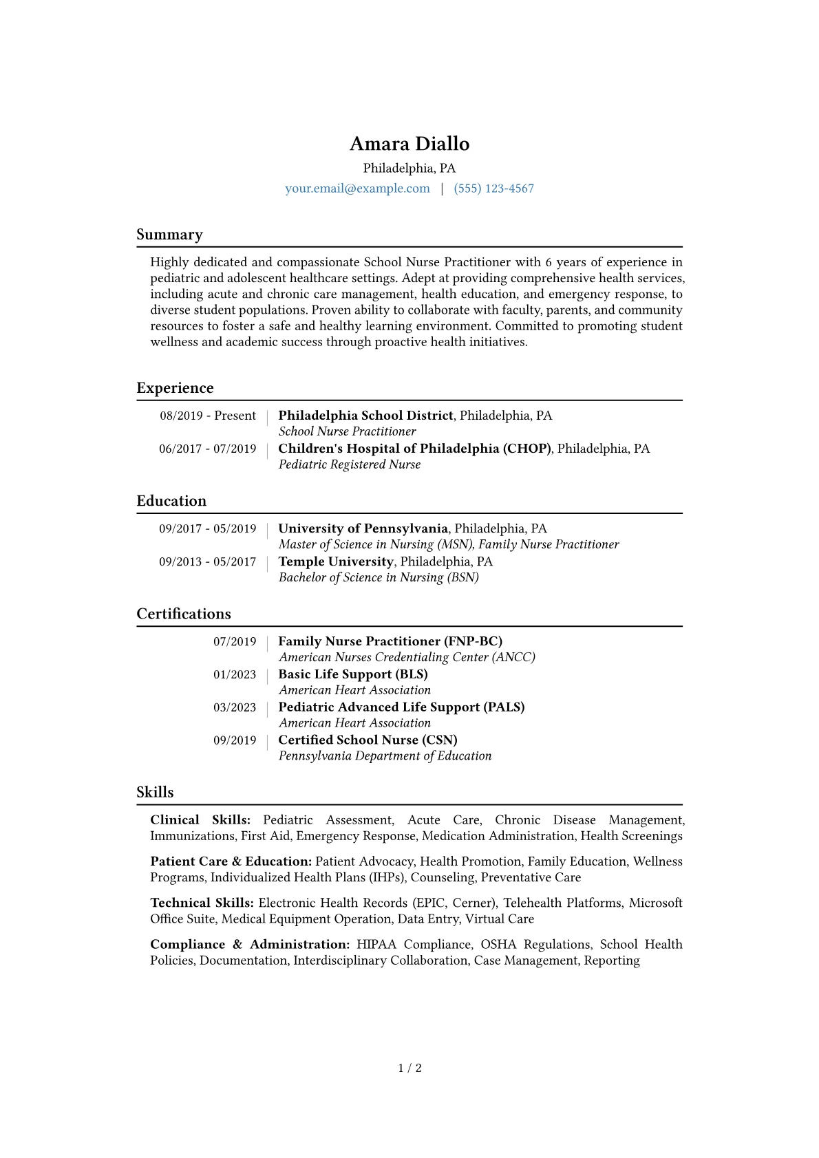 School Nurse Practitioner Resume Example CV template - Page 1