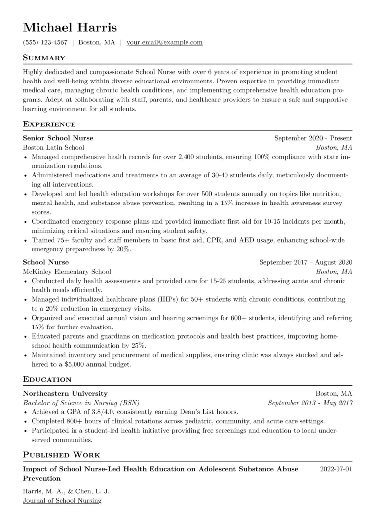 School Nurse Resume Example CV template preview