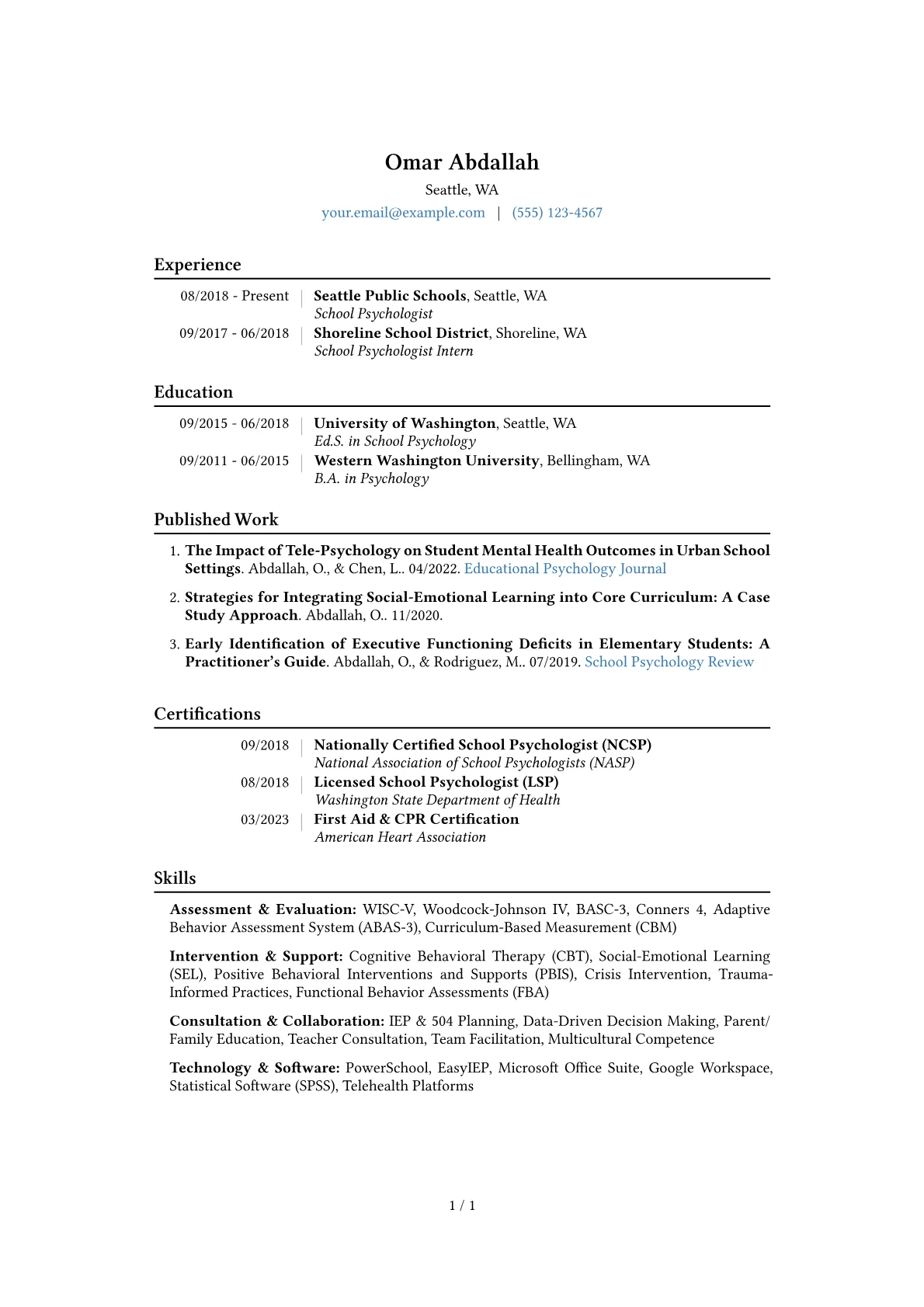 School Psychologist Resume Example CV template - Page 1