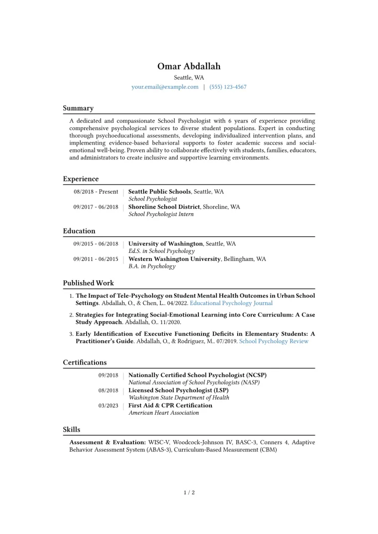 School Psychologist Resume Example CV template preview