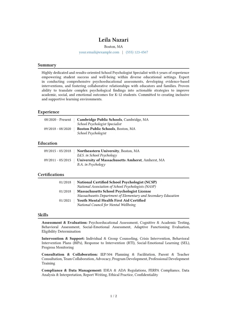 School Psychologist Specialist Resume Example CV template preview