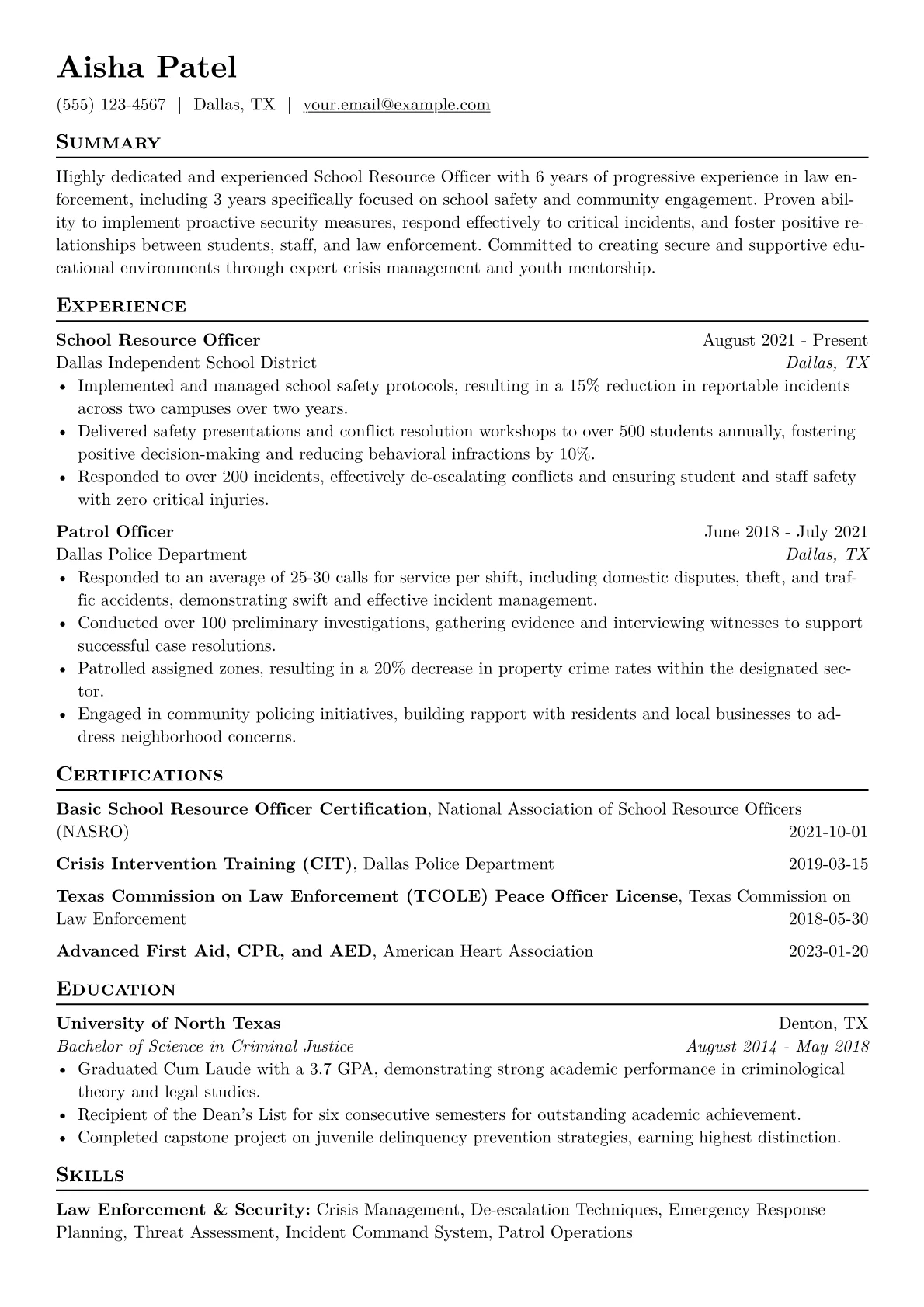 School Resource Officer Resume Example CV template - Page 1