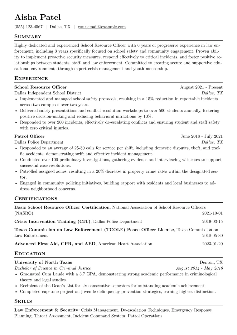 School Resource Officer Resume Example CV template preview