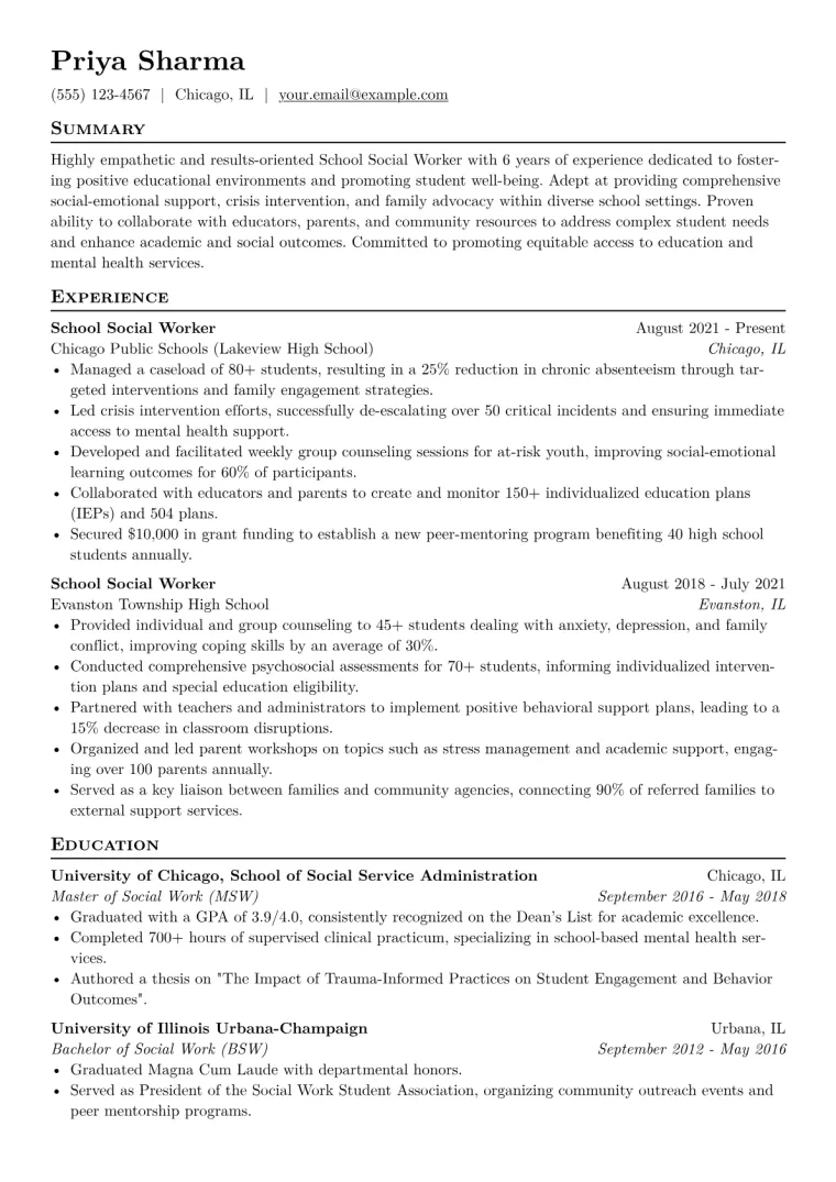 School Social Worker Resume Example CV template preview