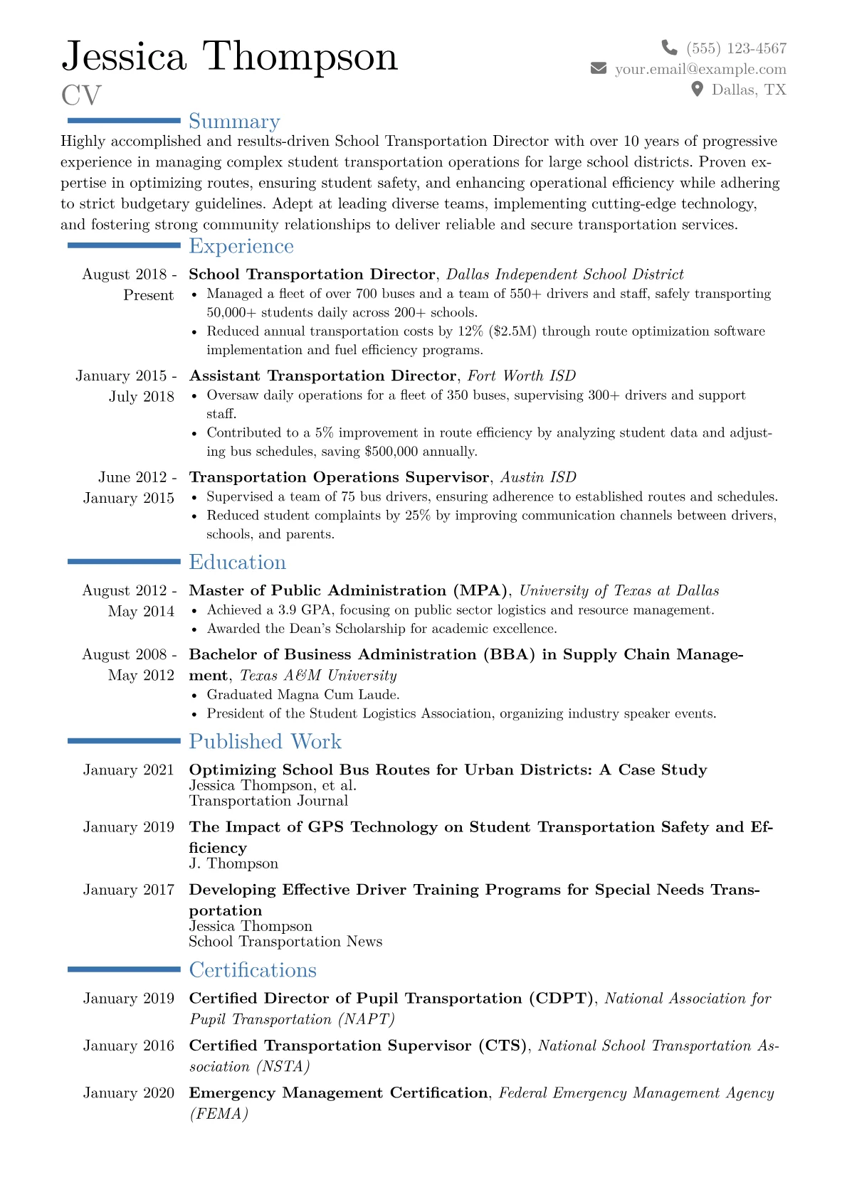 School Transportation Director Resume Example CV template - Page 1