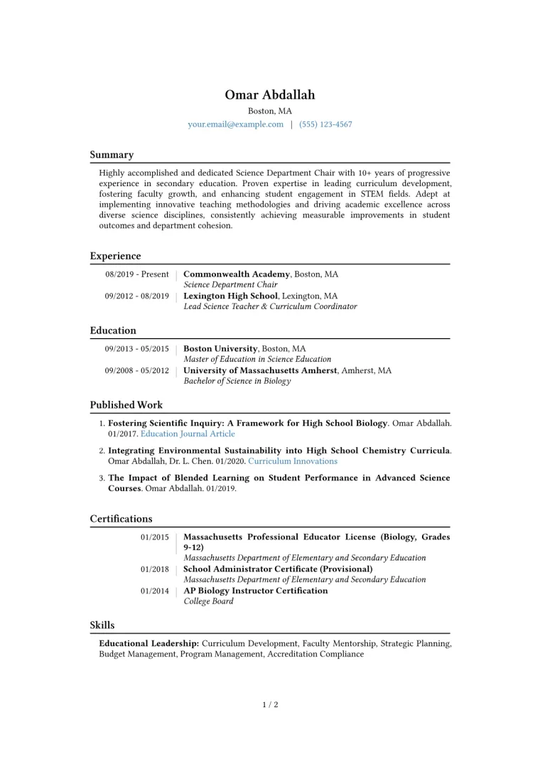 Science Department Chair Resume Example CV template preview