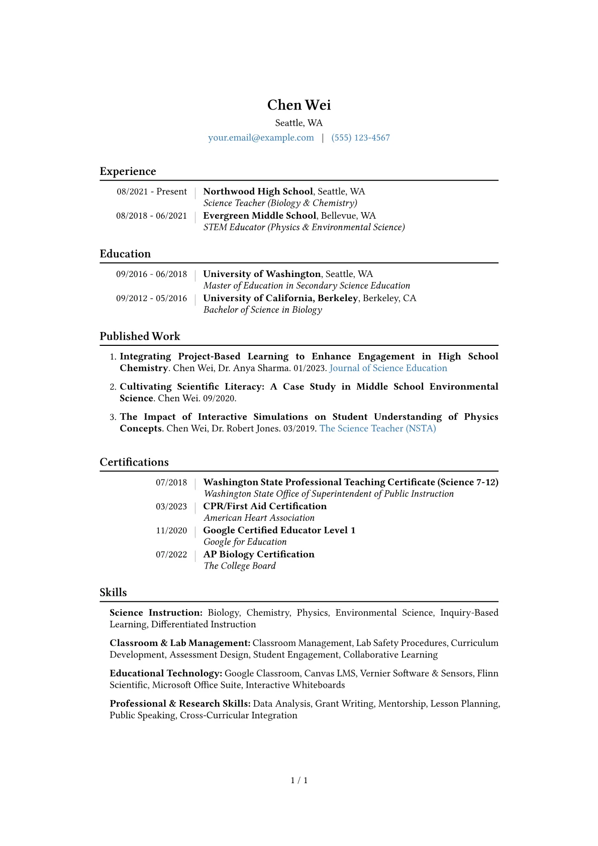 Science Teacher Resume Example CV template - Page 1