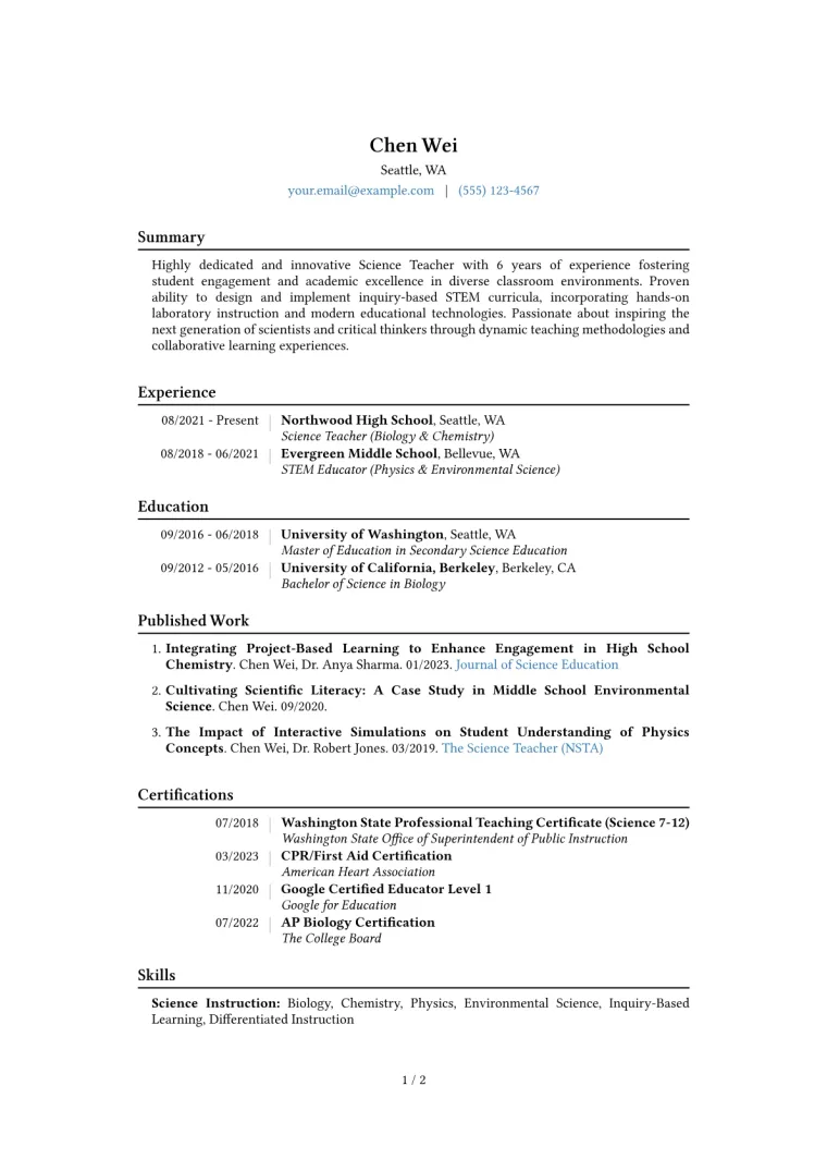 Science Teacher Resume Example
