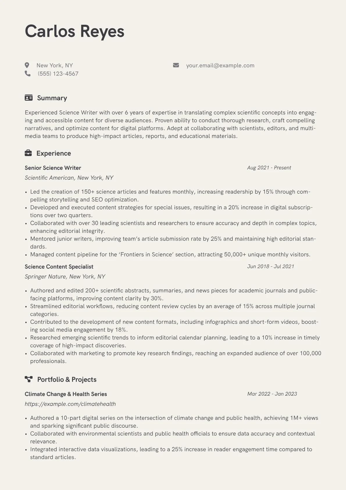 Science Writer Resume Example CV template - Page 1