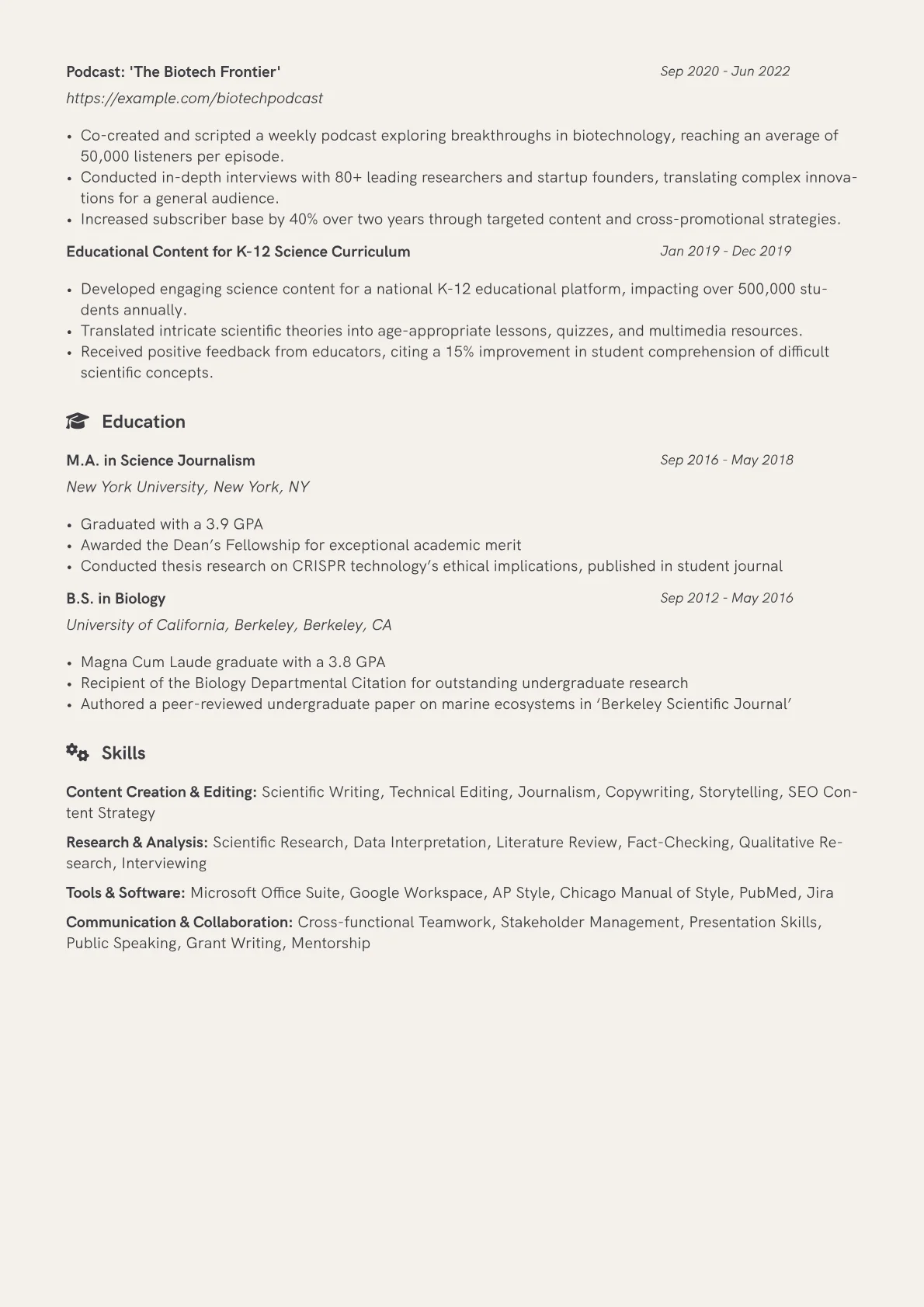 Science Writer Resume Example CV template - Page 2
