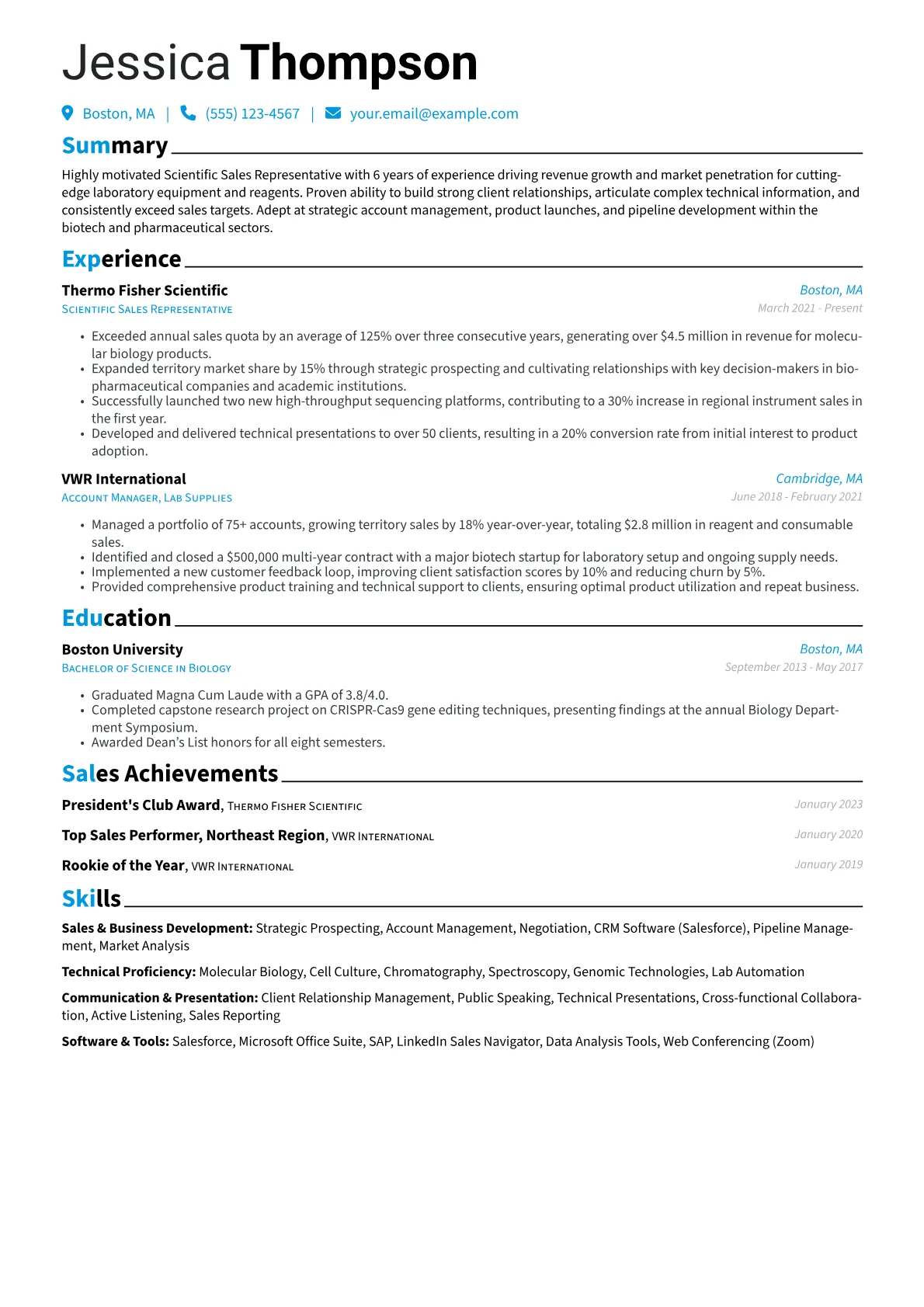 Scientific Sales Representative Resume Example CV template - Page 1